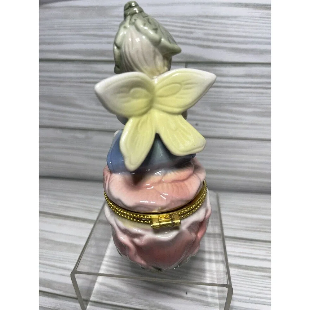 Vintage Hinged Trinket Box Fairy Angel Cherub Pink Yellow Florals 5.25" - Picture 3 of 9